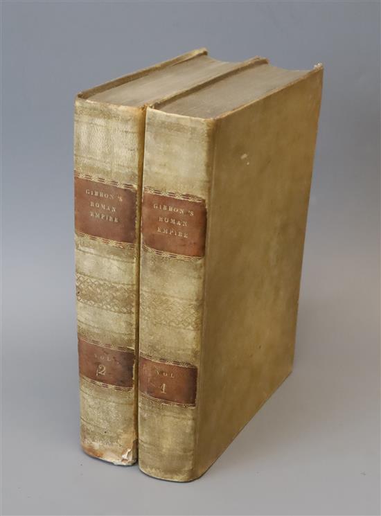 Gibbon, Edward - The History of the Decline and Fall of the Roman Empire, 2 vols, qto, vellum, with portrait frontis, joint split to lo